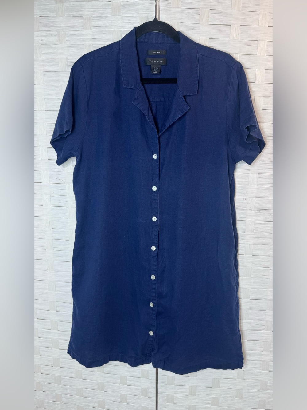 Tahari Womens Navy Button Down Short Sleeve Shirt Dress w/pockets 100% Linen XL